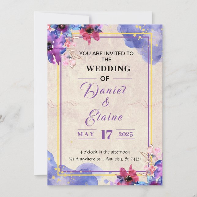 Invitación a la boda de color morado (Anverso)