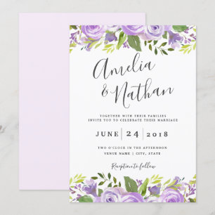 Invitación a la boda de color morado con flores
