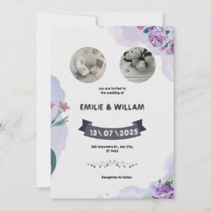 Invitación a la boda de color morado y blanco