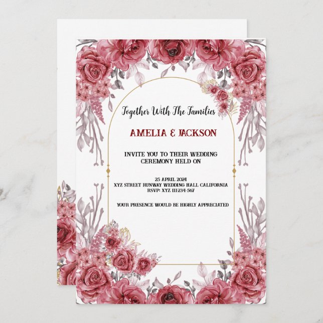 invitación a la boda de color rojo y blanco (Anverso / Reverso)