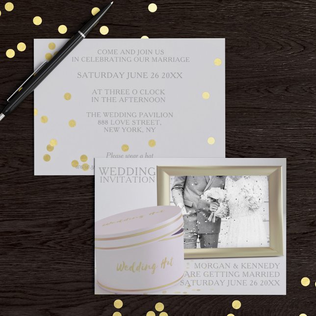 Invitación a la boda de Confetti con fotografía de (Celebrate your marriage and asks your guest to wear a hat! Add your photo and wedding details)
