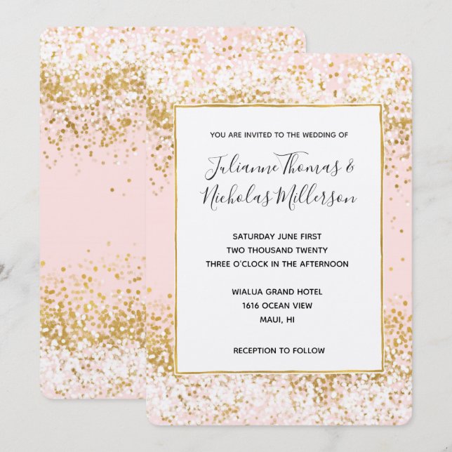 Invitación a la boda de Confetti de oro blanco ros (Anverso / Reverso)