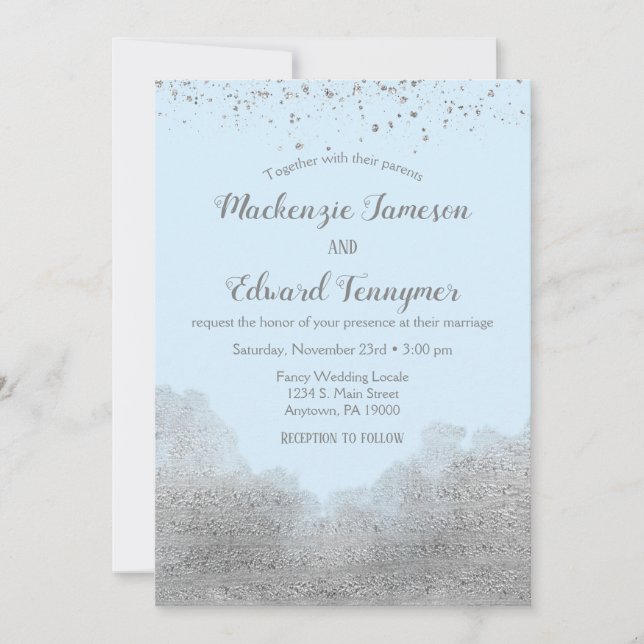 Invitación a la boda de Confetti de plata azul hel (Anverso)