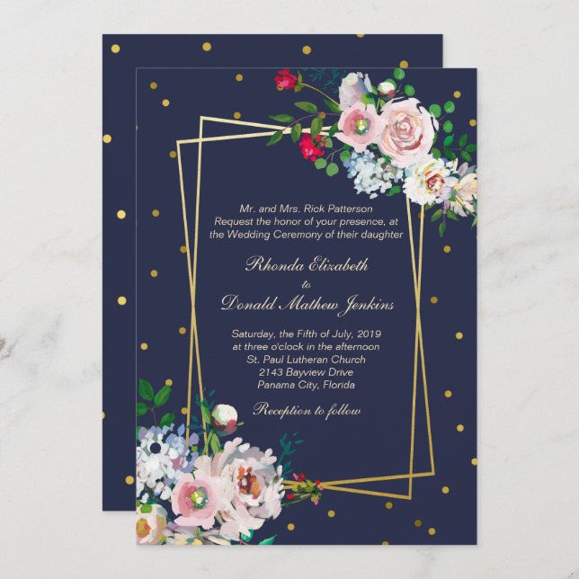 Invitación a la boda de Confetti y Flores de Oro (Anverso / Reverso)