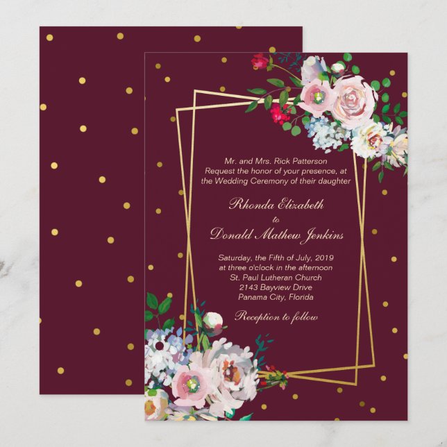 Invitación a la boda de Confetti y Flores de Oro (Anverso / Reverso)