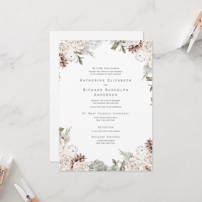 Invitación a la Boda de Cono de Pino Blanco Floral (Anverso/Reverso In Situ)