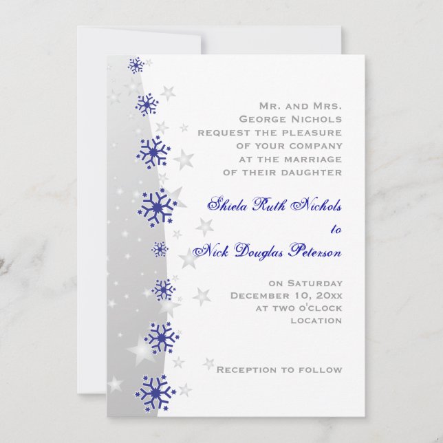 Invitación a la boda de copos de nieve azul, gris  (Anverso)