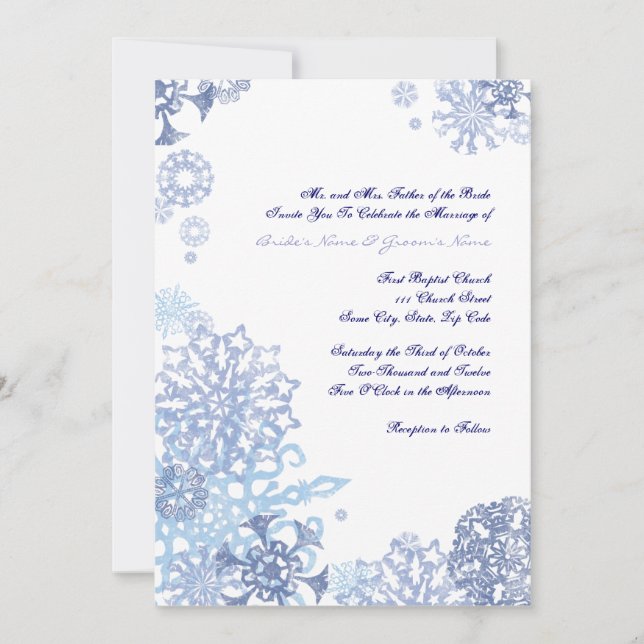 Invitación a la boda de copos de nieve azules y bl (Anverso)