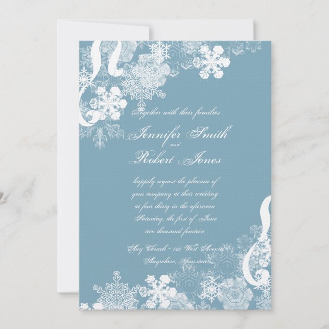 Invitación a la boda de copos de nieve azules y bl (Anverso)