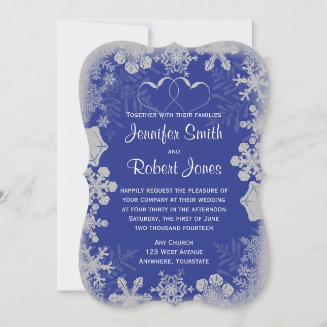Invitación a la boda de copos de nieve azules y pl (Anverso)