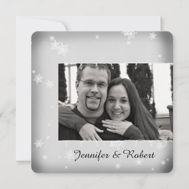 Invitación a la boda de copos de nieve blancos y p (Anverso)