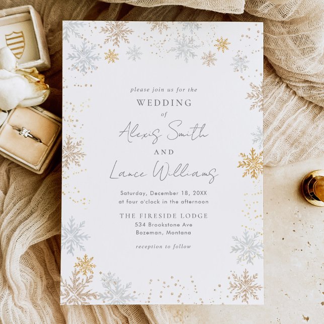 Invitación a la boda de copos de nieve de oro y pl (Subido por el creador)
