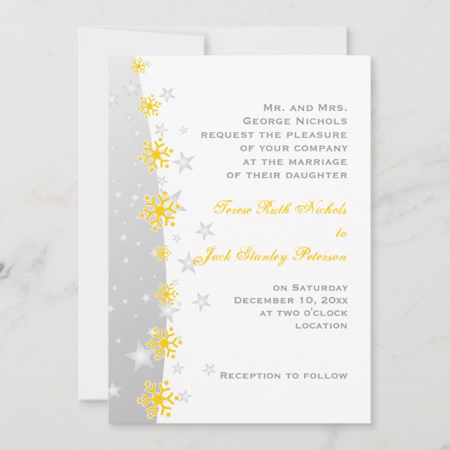 Invitación a la boda de copos de nieve gris amaril (Anverso)