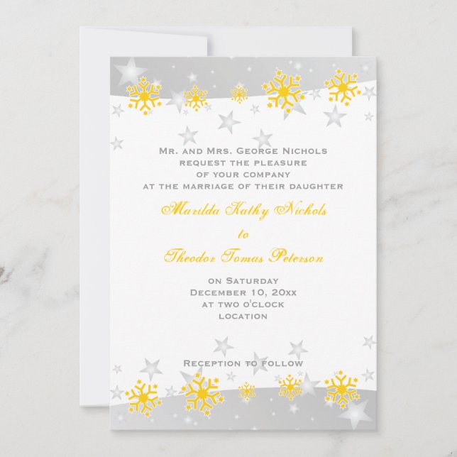 Invitación a la boda de copos de nieve gris amaril (Anverso)
