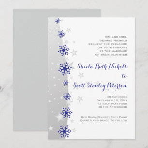 Invitación a la boda de copos de nieve gris azul y
