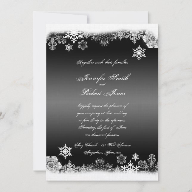 Invitación a la boda de copos de nieve negros y bl (Anverso)