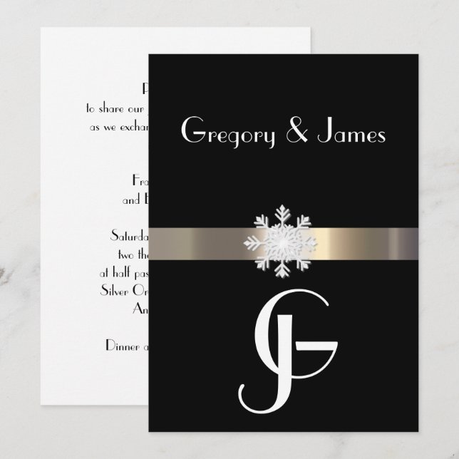 Invitación a la boda de copos de nieve negros y do (Anverso / Reverso)
