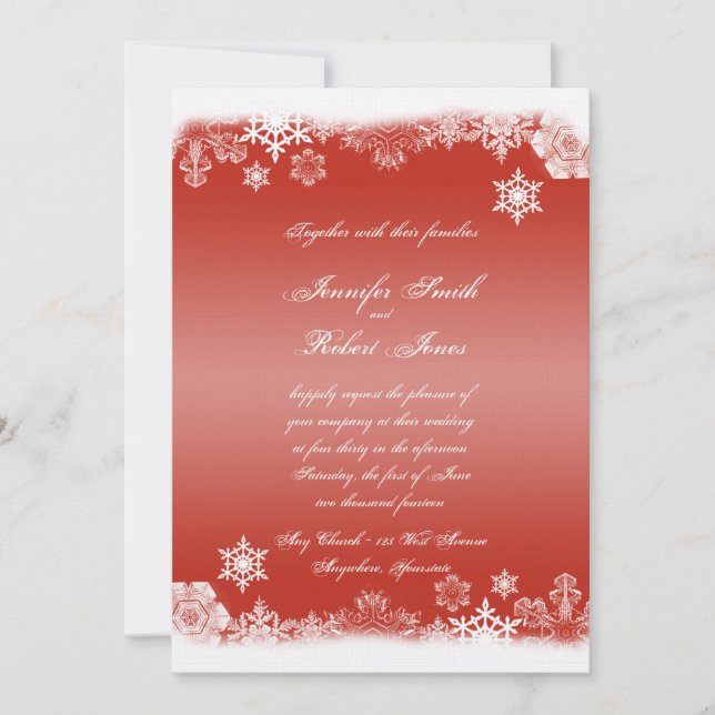 Invitación a la boda de copos de nieve rojos y bla (Anverso)
