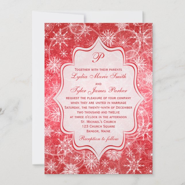 Invitación a la boda de copos de nieve rojos y bla (Anverso)