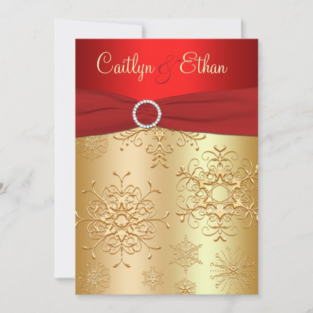 Invitación a la boda de copos de nieve rojos y dor (Anverso)