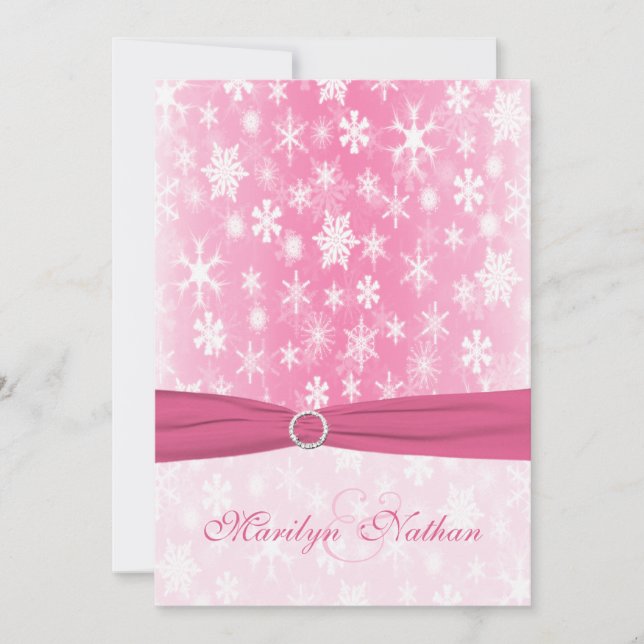 Invitación a la boda de copos de nieve rosa y blan (Anverso)