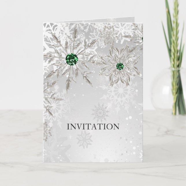 invitación a la boda de copos de nieve verde esmer (Anverso)
