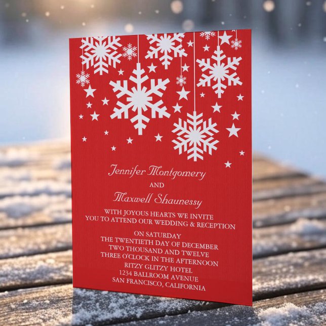 Invitación a la boda de copos de nieve y estrellas (Red Snowflakes and Stars Wedding Invitation)