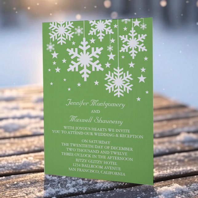 Invitación a la boda de copos de nieve y estrellas (Green Snowflakes and Stars Wedding Invitation)
