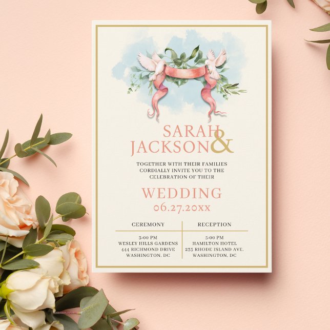 Invitación a la boda de coral con palomas romántic (Subido por el creador)