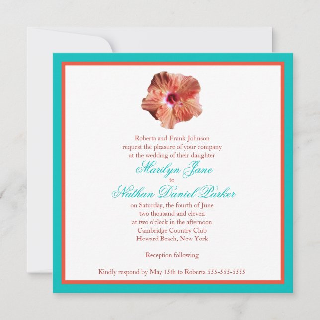 Invitación a la boda de Coral Hibiscus y Aqua (Anverso)