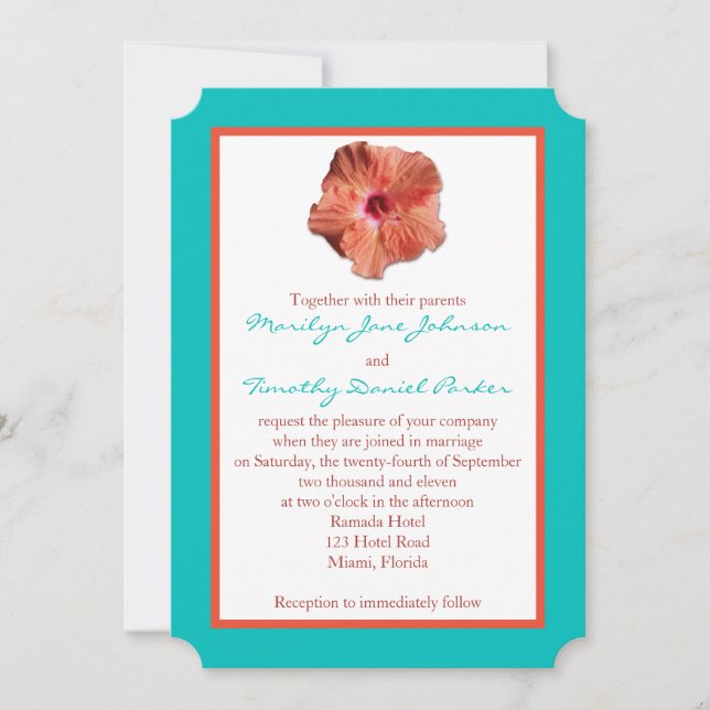 Invitación a la boda de Coral Hibiscus y Aqua II (Anverso)