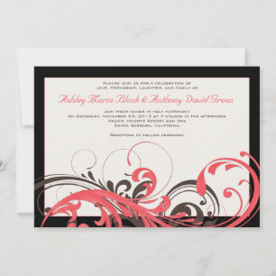 Invitación a la boda de coral, marrón, floral negr