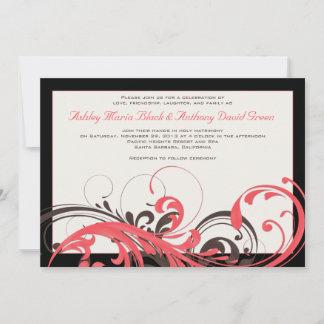 Invitación a la boda de coral, marrón, floral negr