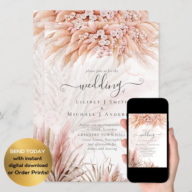 Invitación a la boda de Coral Pampas Grass BOHO (Subido por el creador)