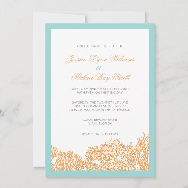 Invitación A La Boda De Coral Para El Boda De Mar (Anverso)