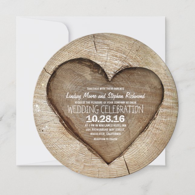 Invitación a la boda de corazón de madera esculpid (Anverso)
