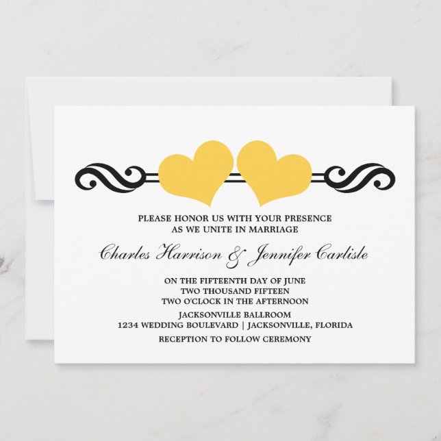 Invitación a la boda de corazón elegante, amarillo (Anverso)