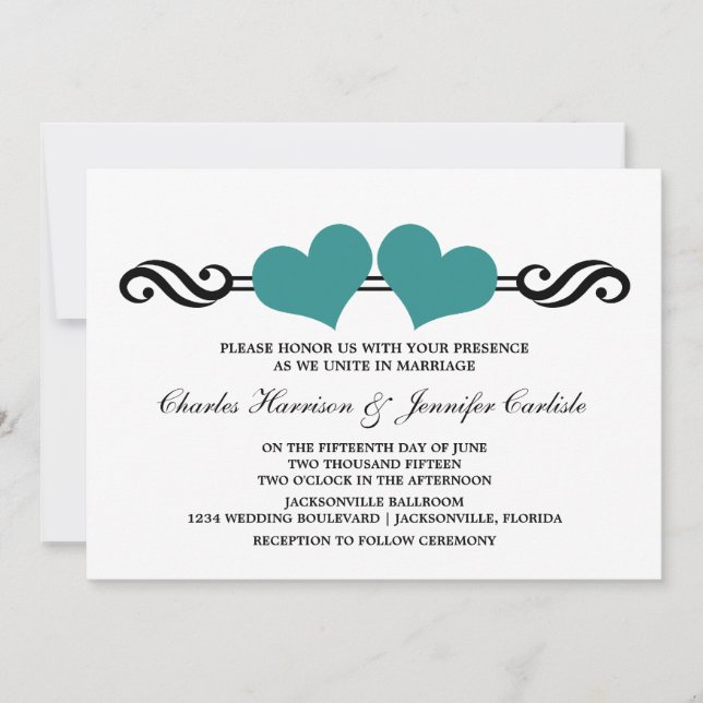 Invitación a la boda de corazón elegante, Verde az (Anverso)
