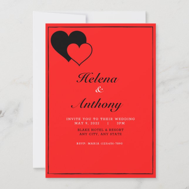 Invitación a la boda de corazón rojo y negro (Anverso)