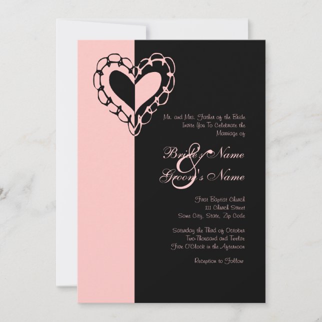 Invitación a la boda de corazón rosado y negro (Anverso)
