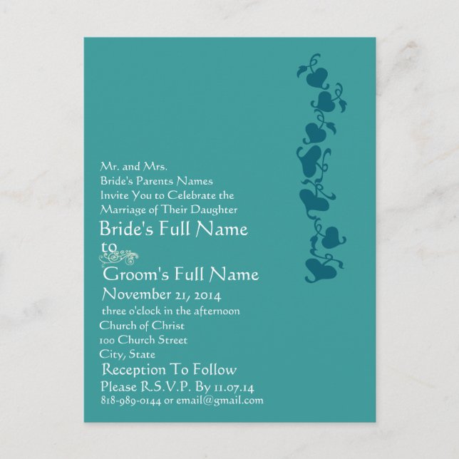 Invitación a la boda de corazones azules verde azu (Anverso)