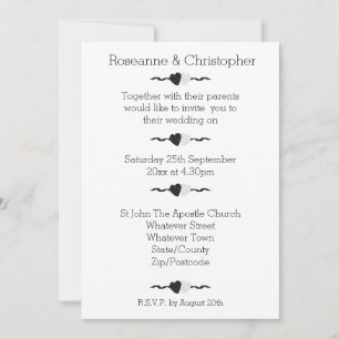 Invitación a la boda de corazones blancos y negros