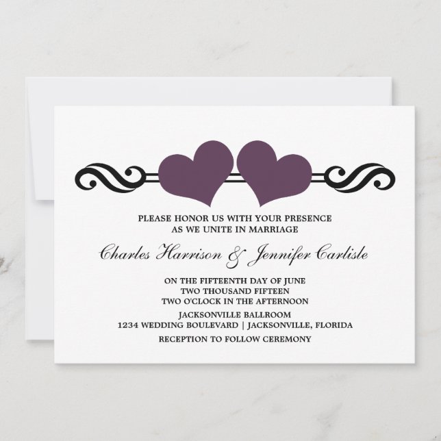 Invitación a la boda de corazones elegantes, morad (Anverso)