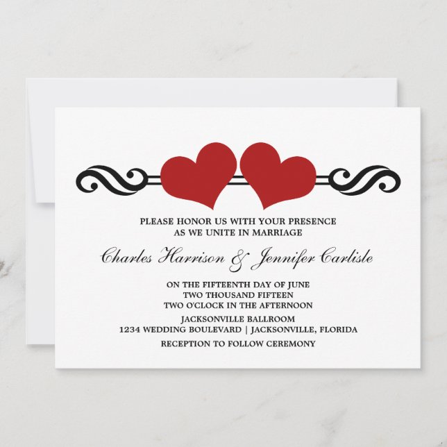Invitación a la boda de corazones elegantes, rojo (Anverso)