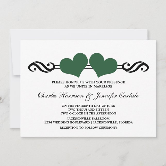 Invitación a la boda de corazones elegantes, verde (Anverso)
