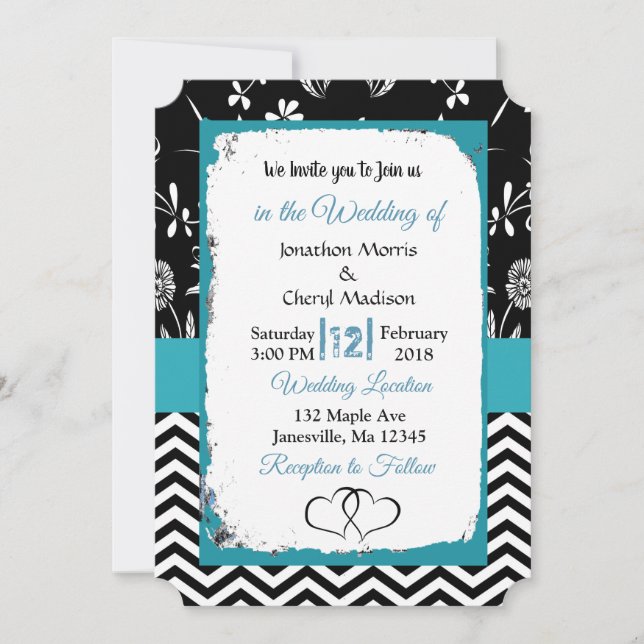 Invitación a la boda de corazones florales negros  (Anverso)
