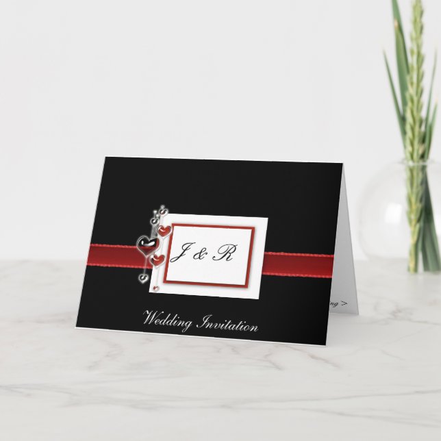 Invitación a la boda de corazones negros y rojos (Anverso)