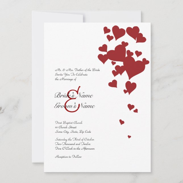 Invitación a la boda de corazones rojos y blancos (Anverso)