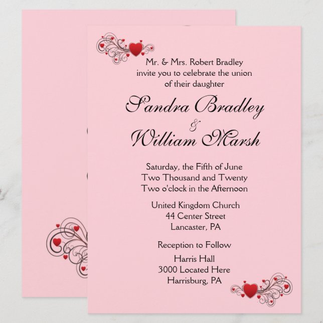 Invitación a la boda de corazones rosados (Anverso / Reverso)