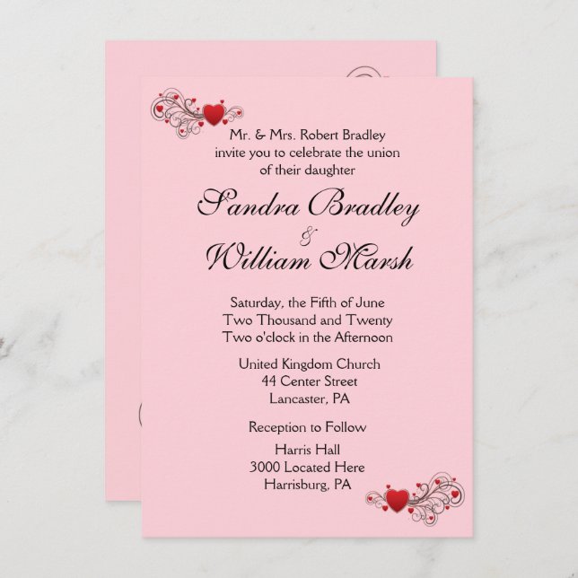 Invitación a la boda de corazones rosados (Anverso / Reverso)
